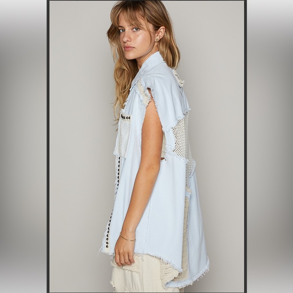 P21. NEW POL Boho Light Blue Sleeveless Vest Jacket Mesh & Stud Detail NEW Item - Picture 2 of 6
